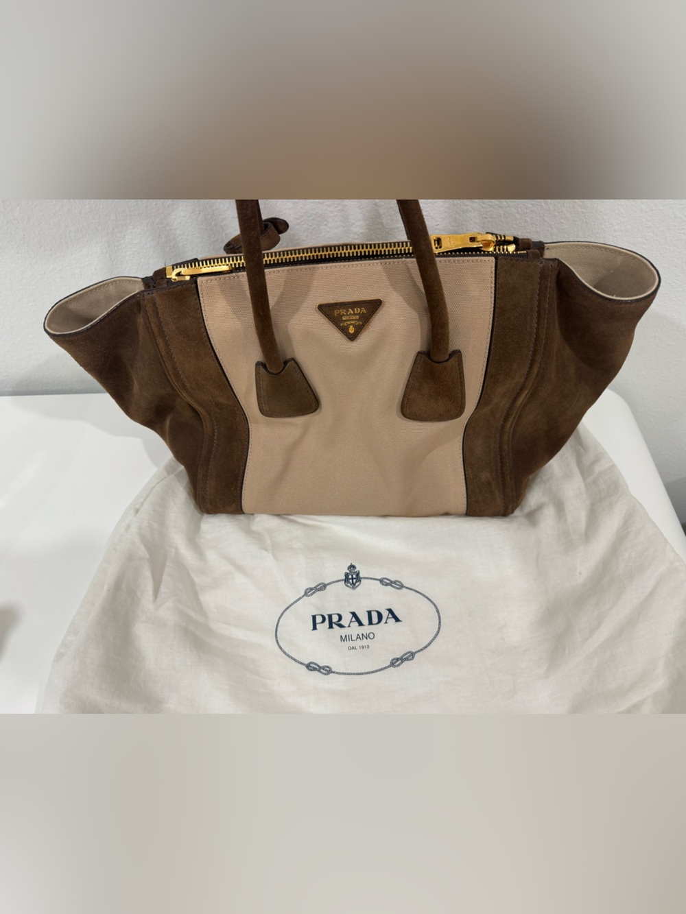 Prada Beige Cavas and Brown Suede Tote - Picture 8 of 8